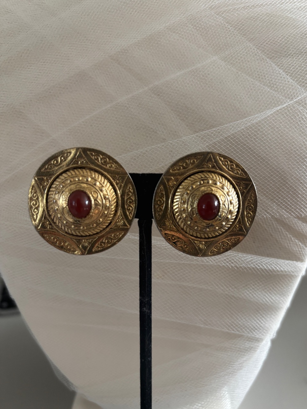 Vintage Ellen Designs Round Statement Gold Clip On Earrings with Cabochon